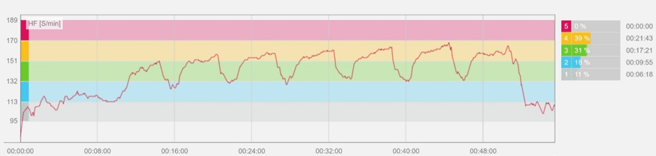 Grafik Polar Flow: Verlauf der Herzfrequenz beim Lauf-Fahrtspiel