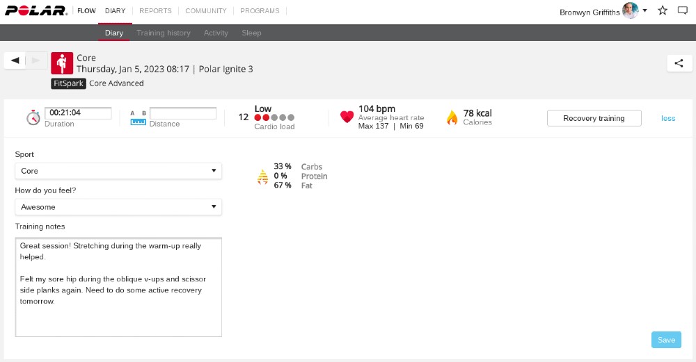 Workout Log in Polar Flow